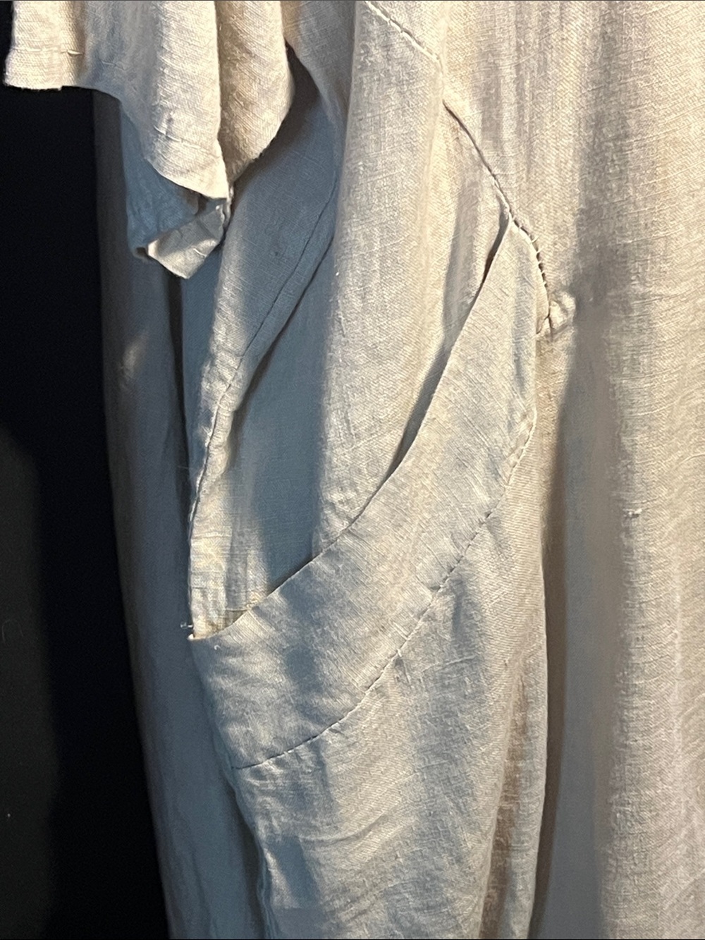 Zen Italian beige linen button up/back, regal collar/cowl dress w/pockets-NWT - Picture 5 of 16